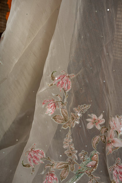 Organza Sequin Cream Saree With Scallop Border