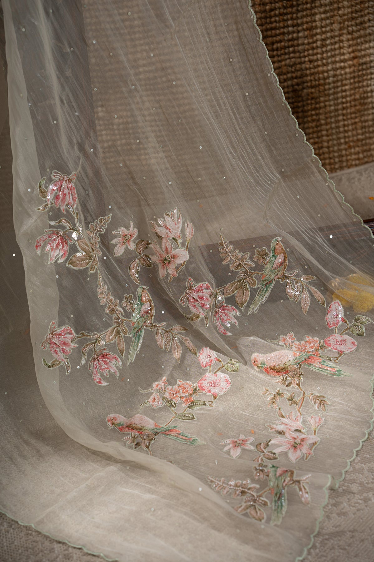 Organza Sequin Cream Saree With Scallop Border