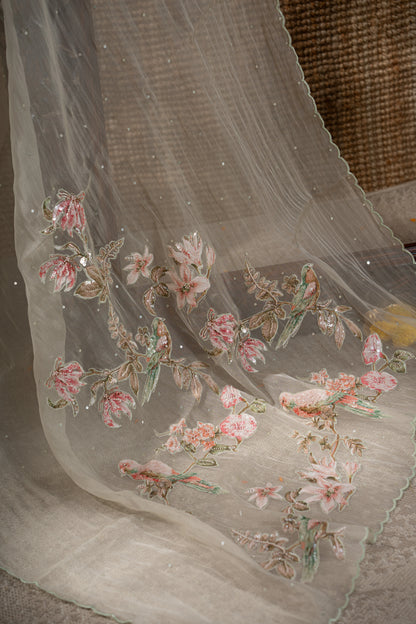 Organza Sequin Cream Saree With Scallop Border