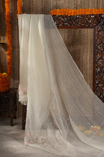 Organza Sequin Cream Saree With Scallop Border