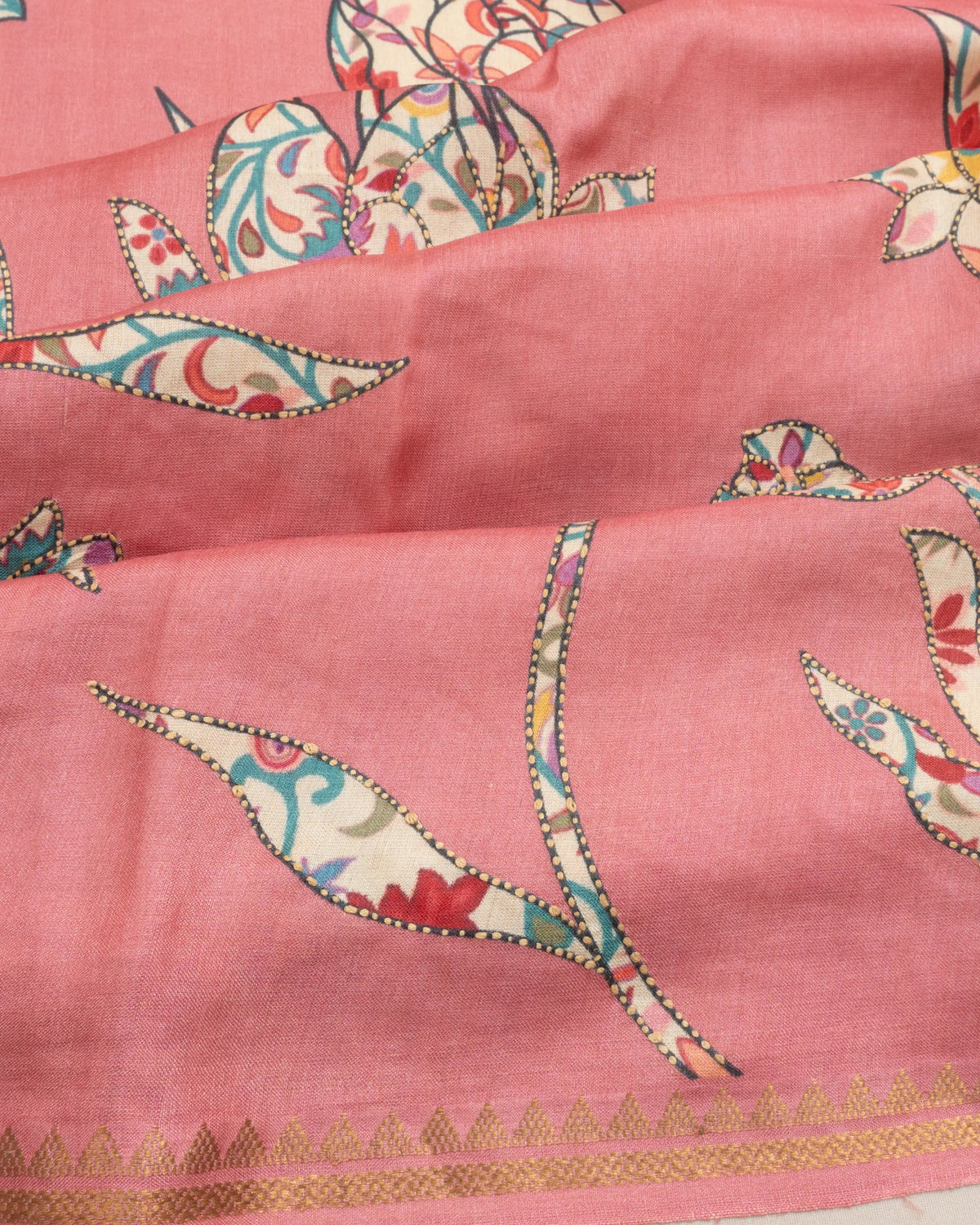 Soft Tussar Jaal Applique Work Pink Saree With Kantha Work