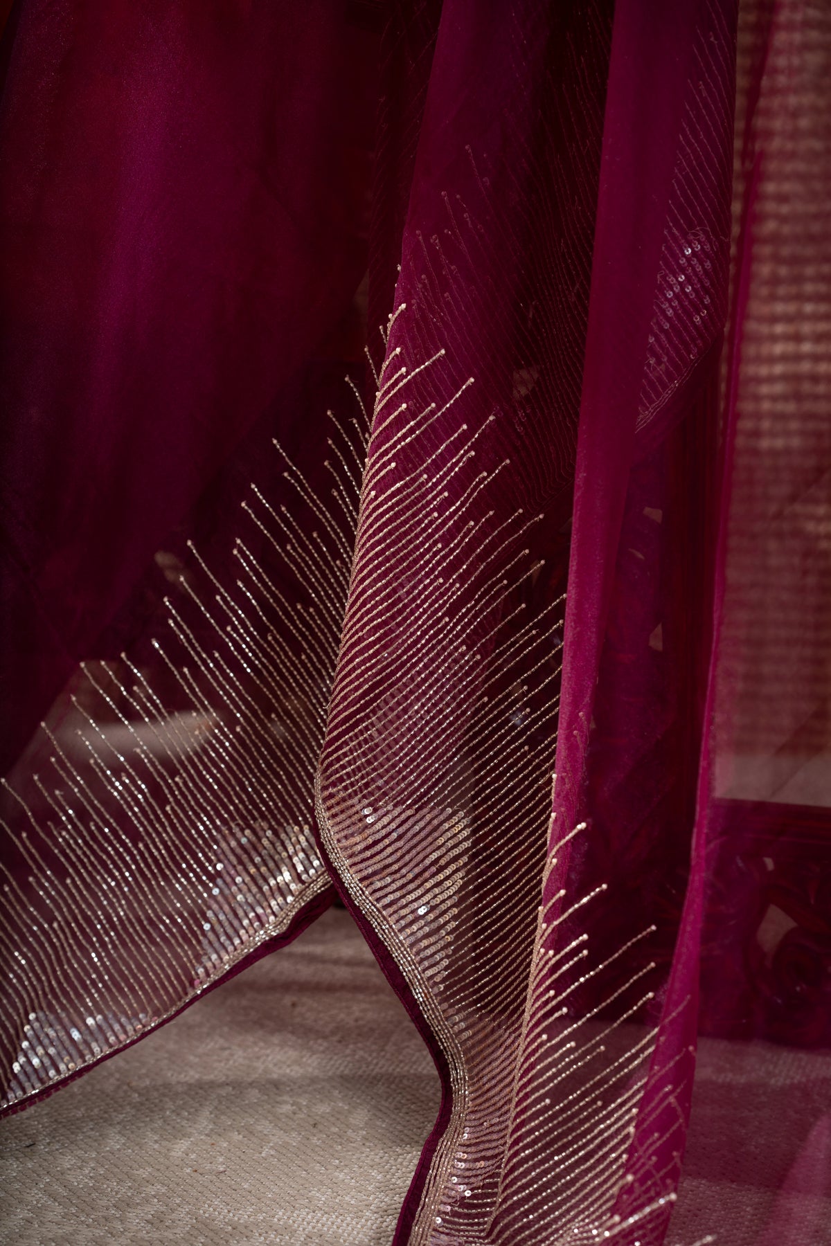 Georgette Plain Magenta Pink Saree With Beads And Sequin Work Border