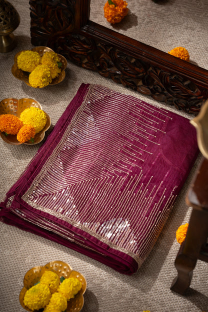 Georgette Plain Magenta Pink Saree With Beads And Sequin Work Border