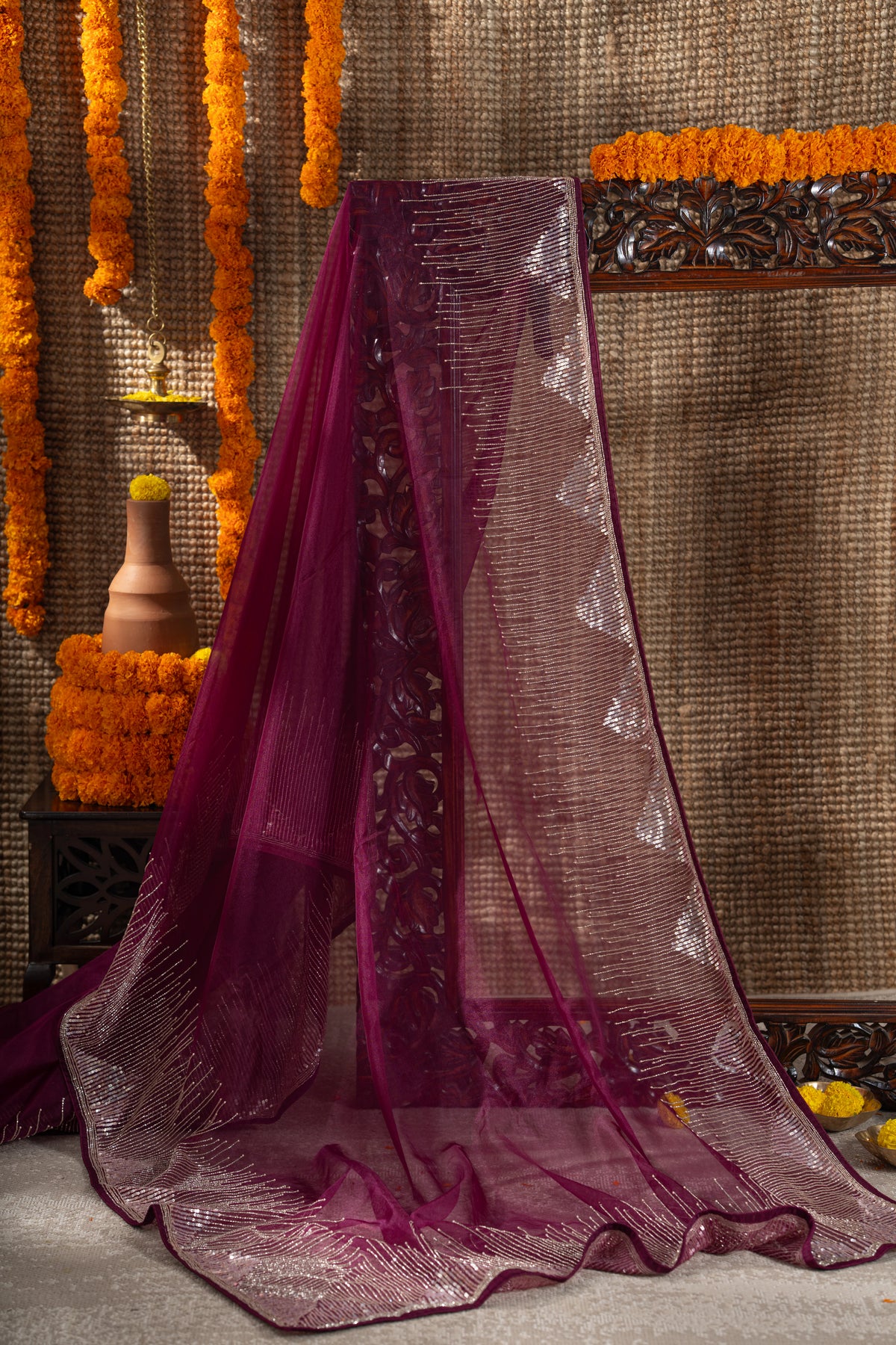Georgette Plain Magenta Pink Saree With Beads And Sequin Work Border