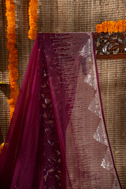 Georgette Plain Magenta Pink Saree With Beads And Sequin Work Border