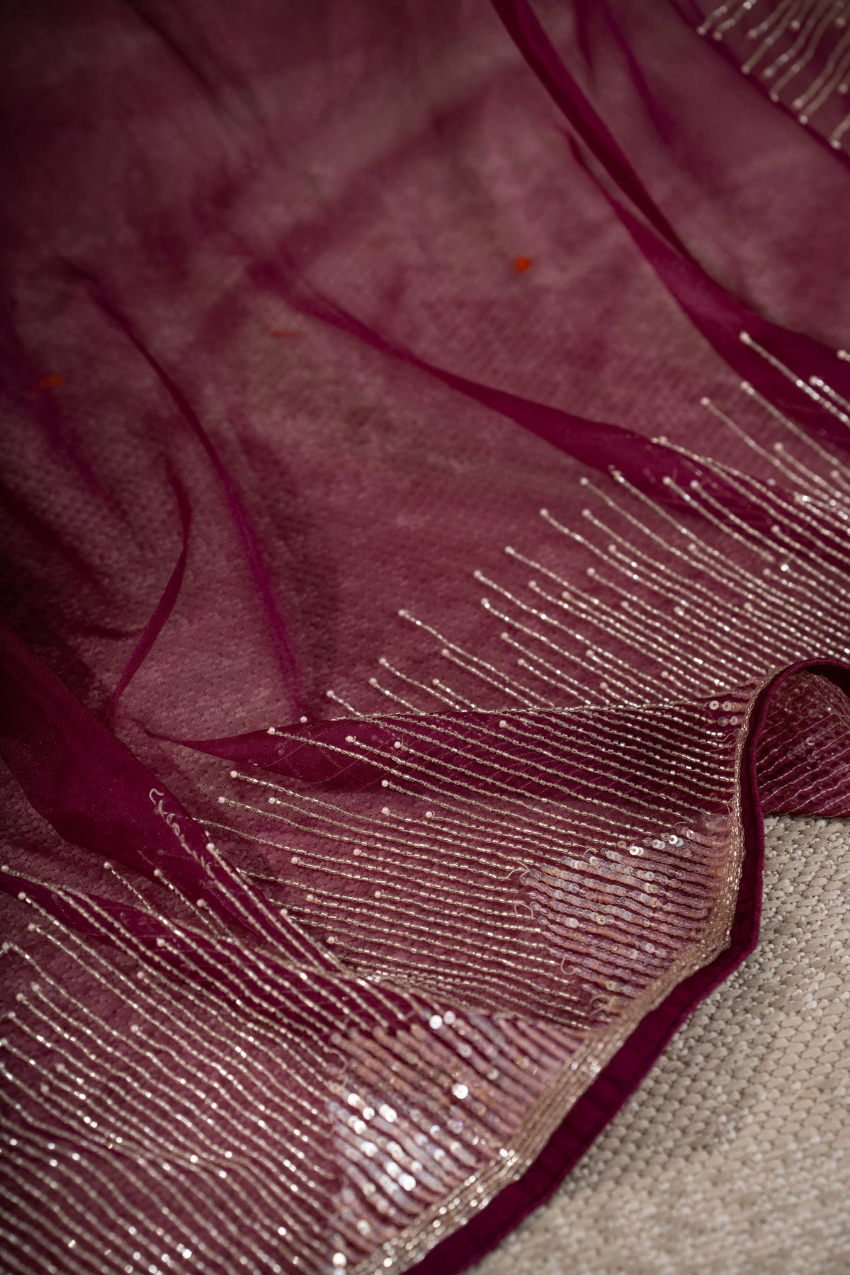 Georgette Plain Magenta Pink Saree With Beads And Sequin Work Border