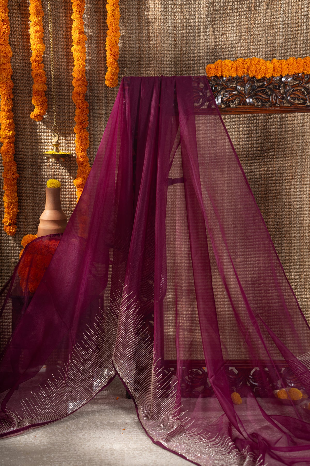 Georgette Plain Magenta Pink Saree With Beads And Sequin Work Border