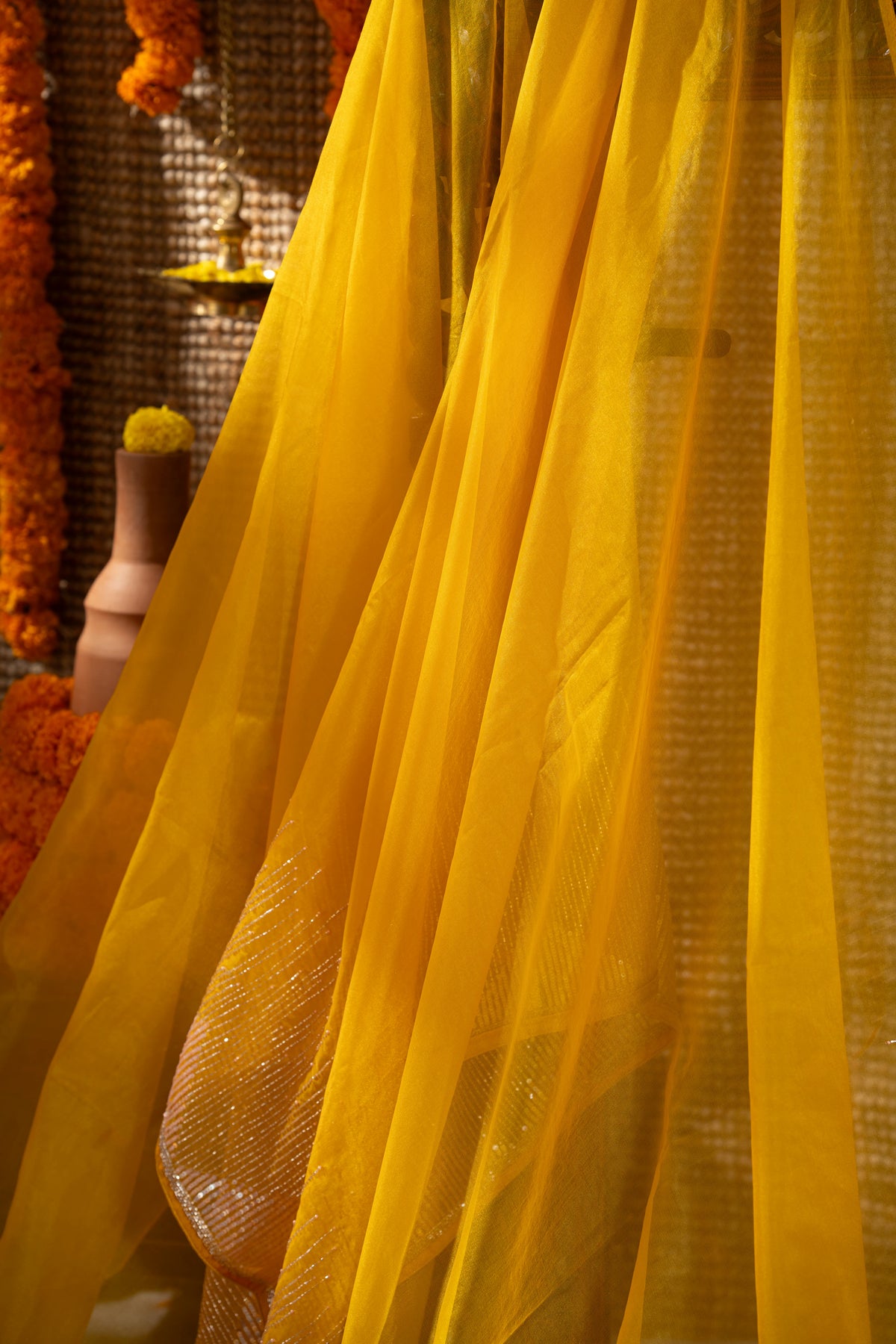 Georgette Plain Yellow Saree With Beads And Sequin Work Border