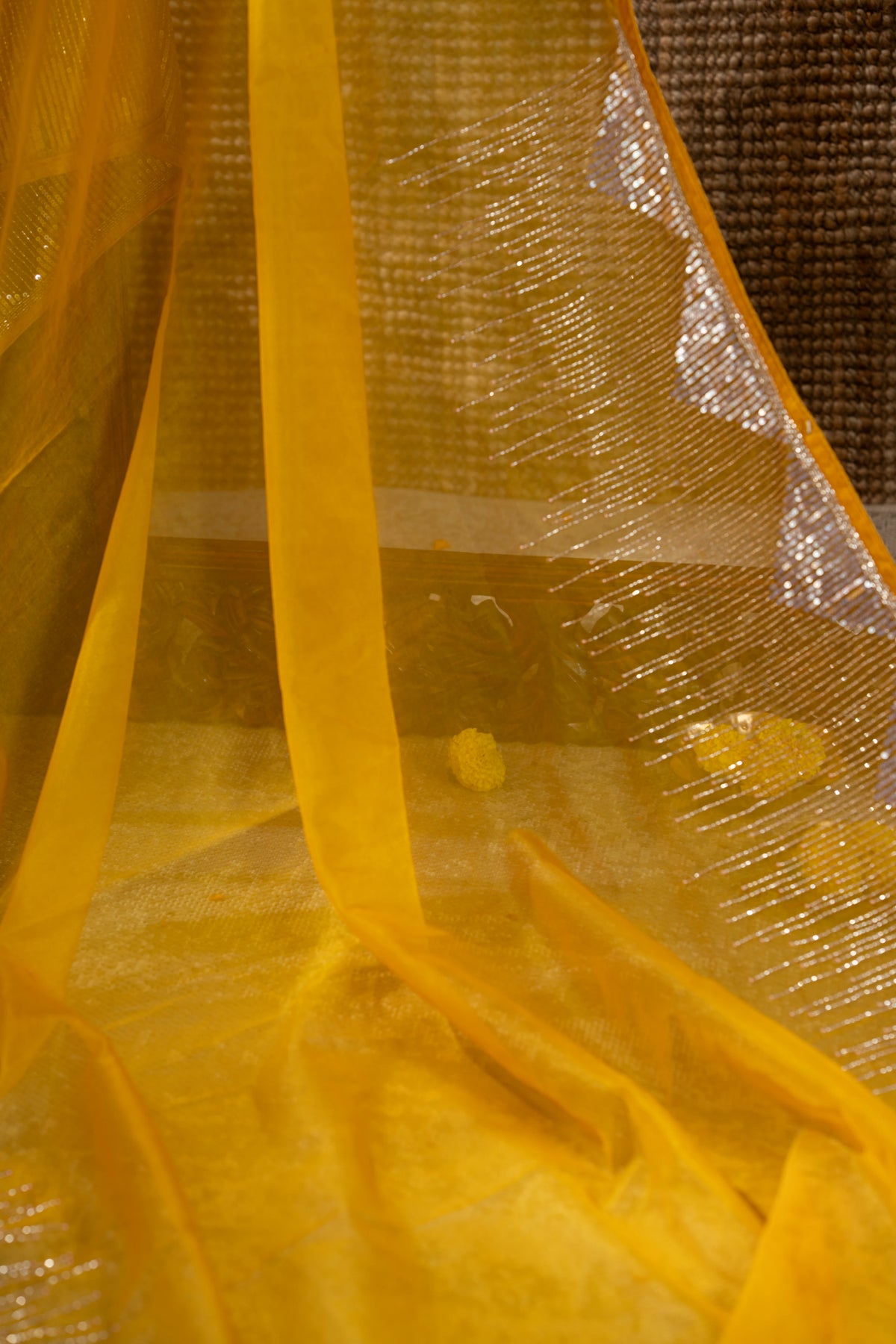 Georgette Plain Yellow Saree With Beads And Sequin Work Border