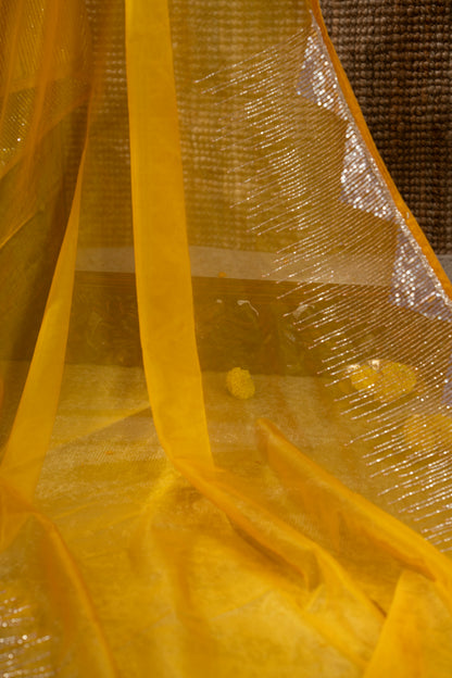 Georgette Plain Yellow Saree With Beads And Sequin Work Border