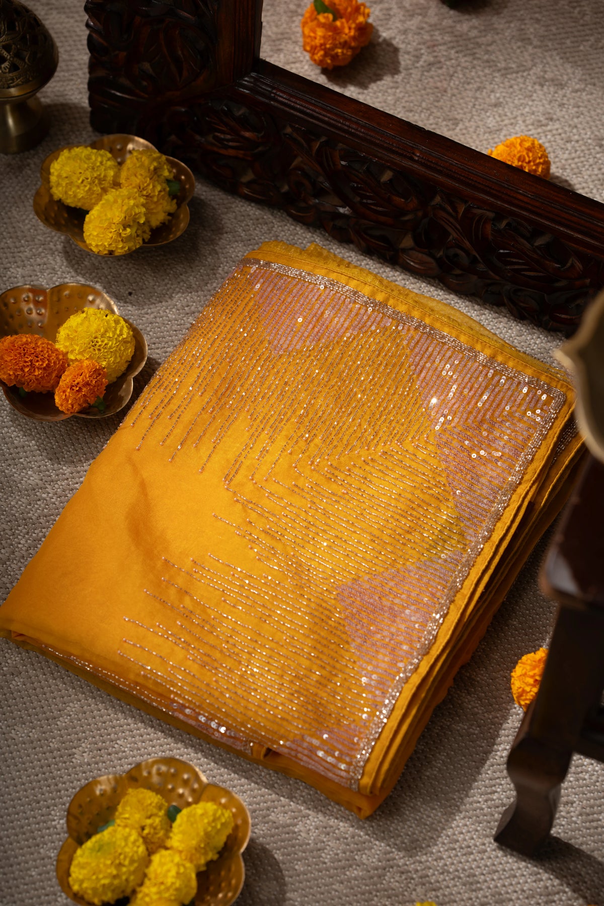 Georgette Plain Yellow Saree With Beads And Sequin Work Border