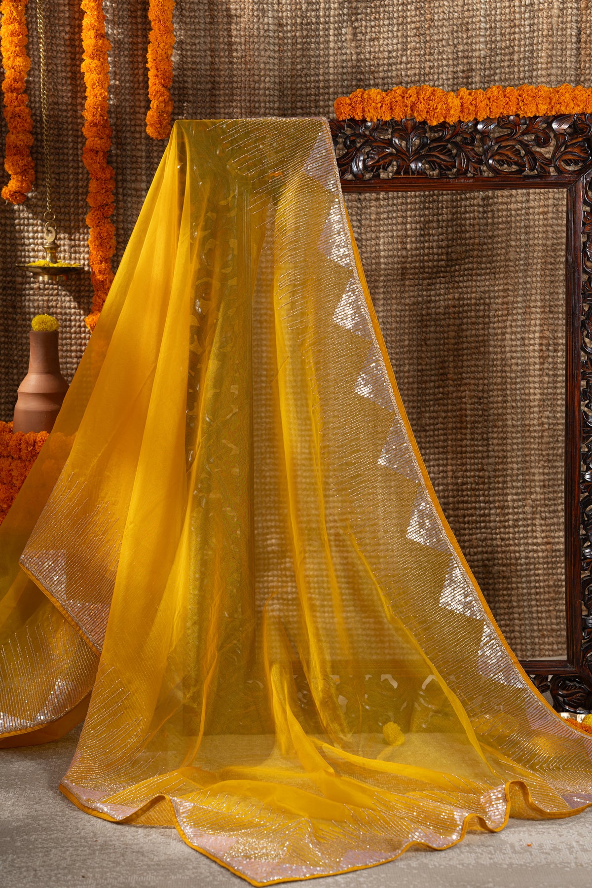 Georgette Plain Yellow Saree With Beads And Sequin Work Border