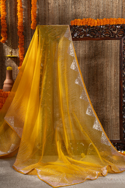 Georgette Plain Yellow Saree With Beads And Sequin Work Border