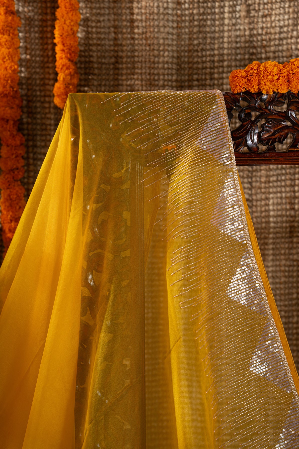 Georgette Plain Yellow Saree With Beads And Sequin Work Border