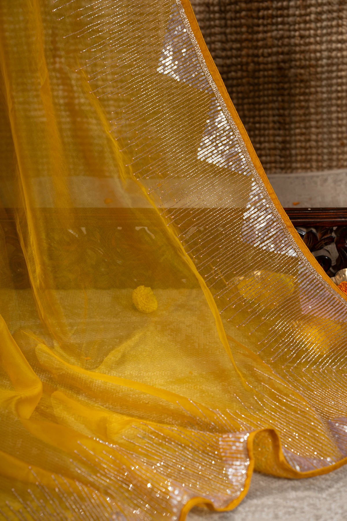 Georgette Plain Yellow Saree With Beads And Sequin Work Border
