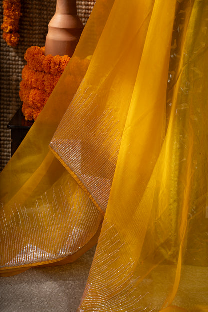 Georgette Plain Yellow Saree With Beads And Sequin Work Border