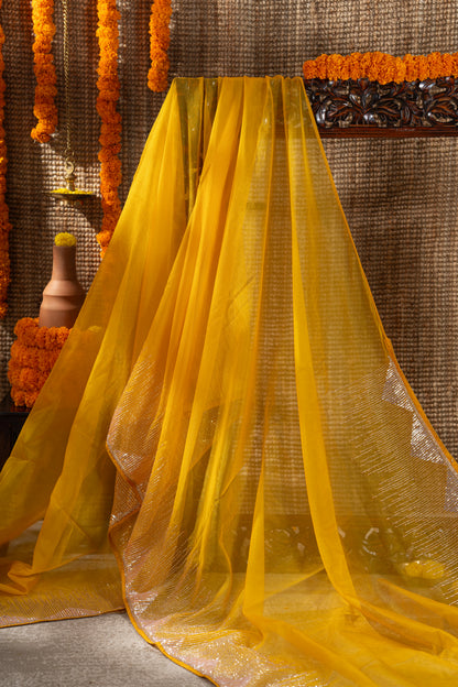 Georgette Plain Yellow Saree With Beads And Sequin Work Border