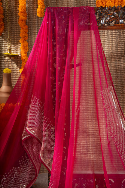 Georgette Plain Hot Pink Saree With Beads And Sequin Work Border