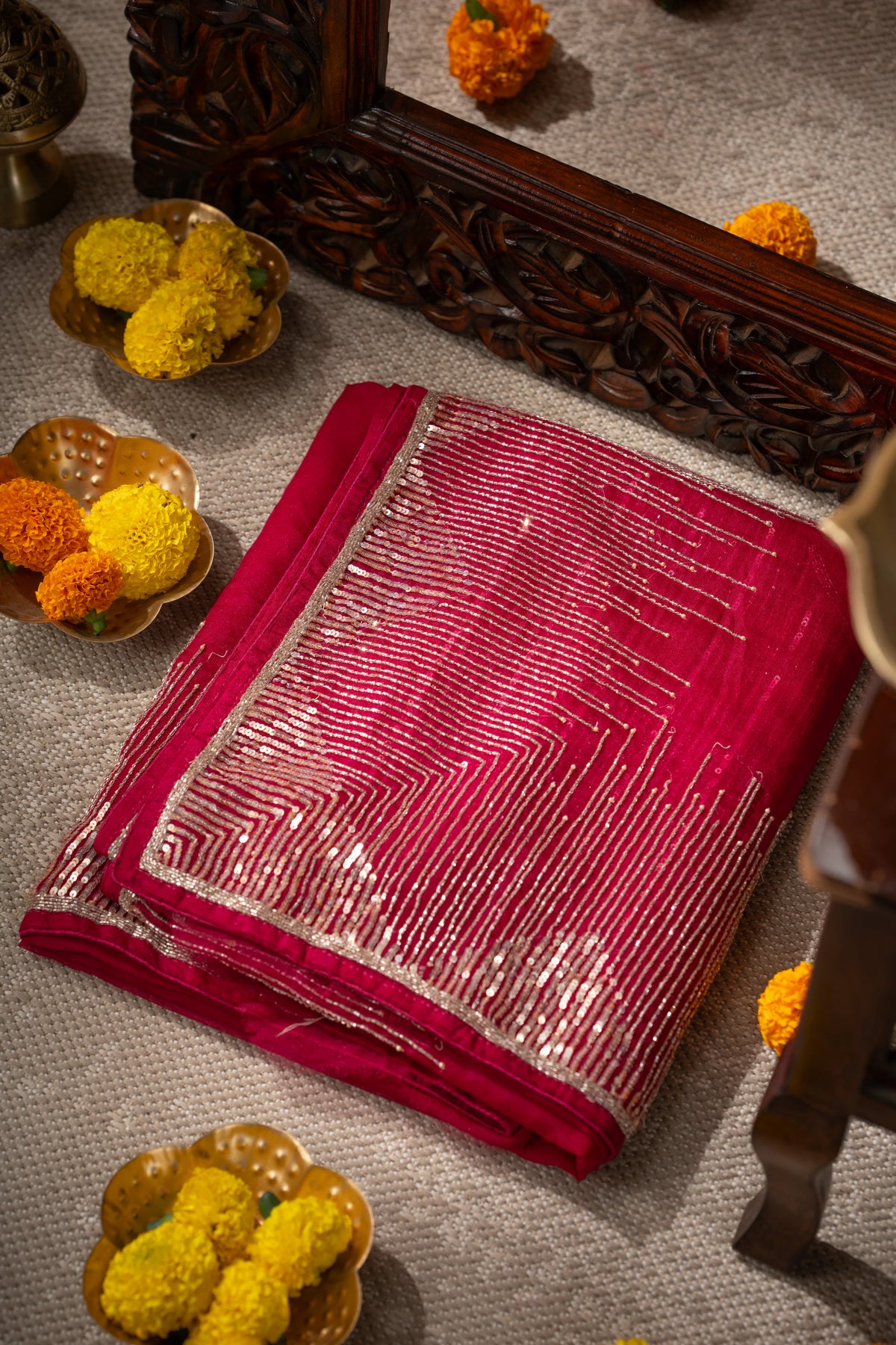 Georgette Plain Hot Pink Saree With Beads And Sequin Work Border