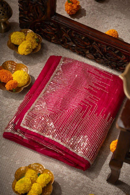 Georgette Plain Hot Pink Saree With Beads And Sequin Work Border