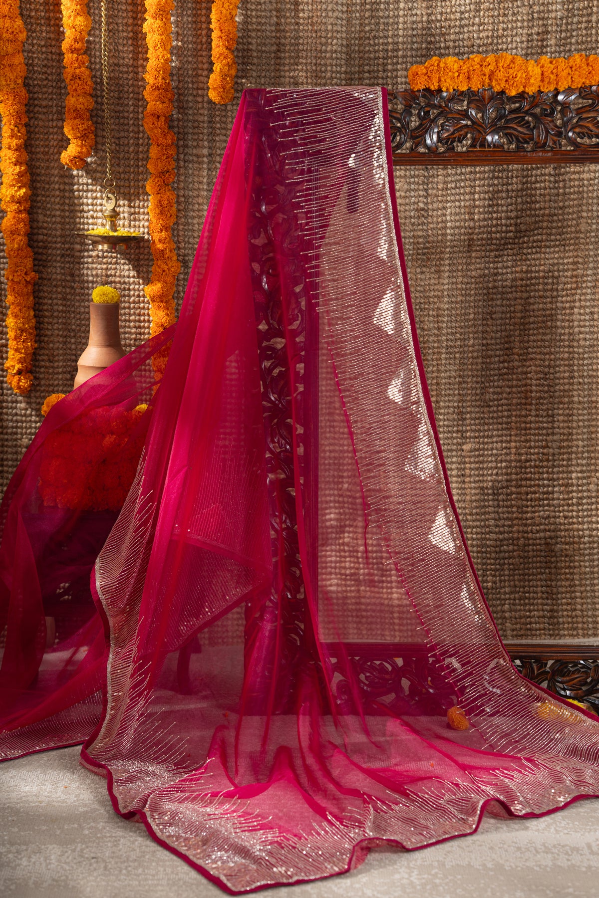Georgette Plain Hot Pink Saree With Beads And Sequin Work Border