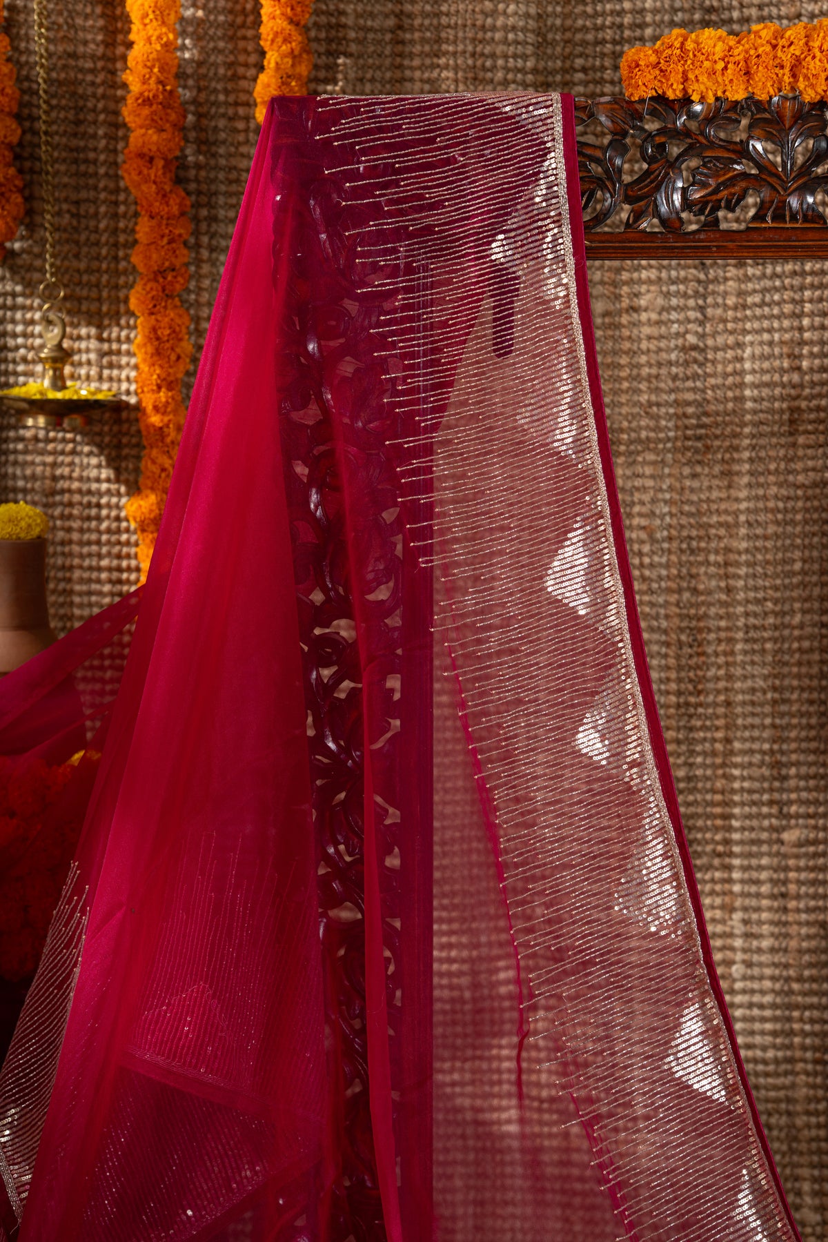 Georgette Plain Hot Pink Saree With Beads And Sequin Work Border