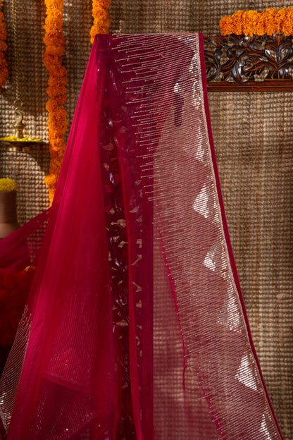 Georgette Plain Hot Pink Saree With Beads And Sequin Work Border