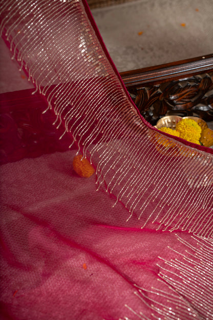 Georgette Plain Hot Pink Saree With Beads And Sequin Work Border