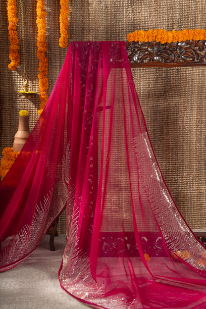 Georgette Plain Hot Pink Saree With Beads And Sequin Work Border