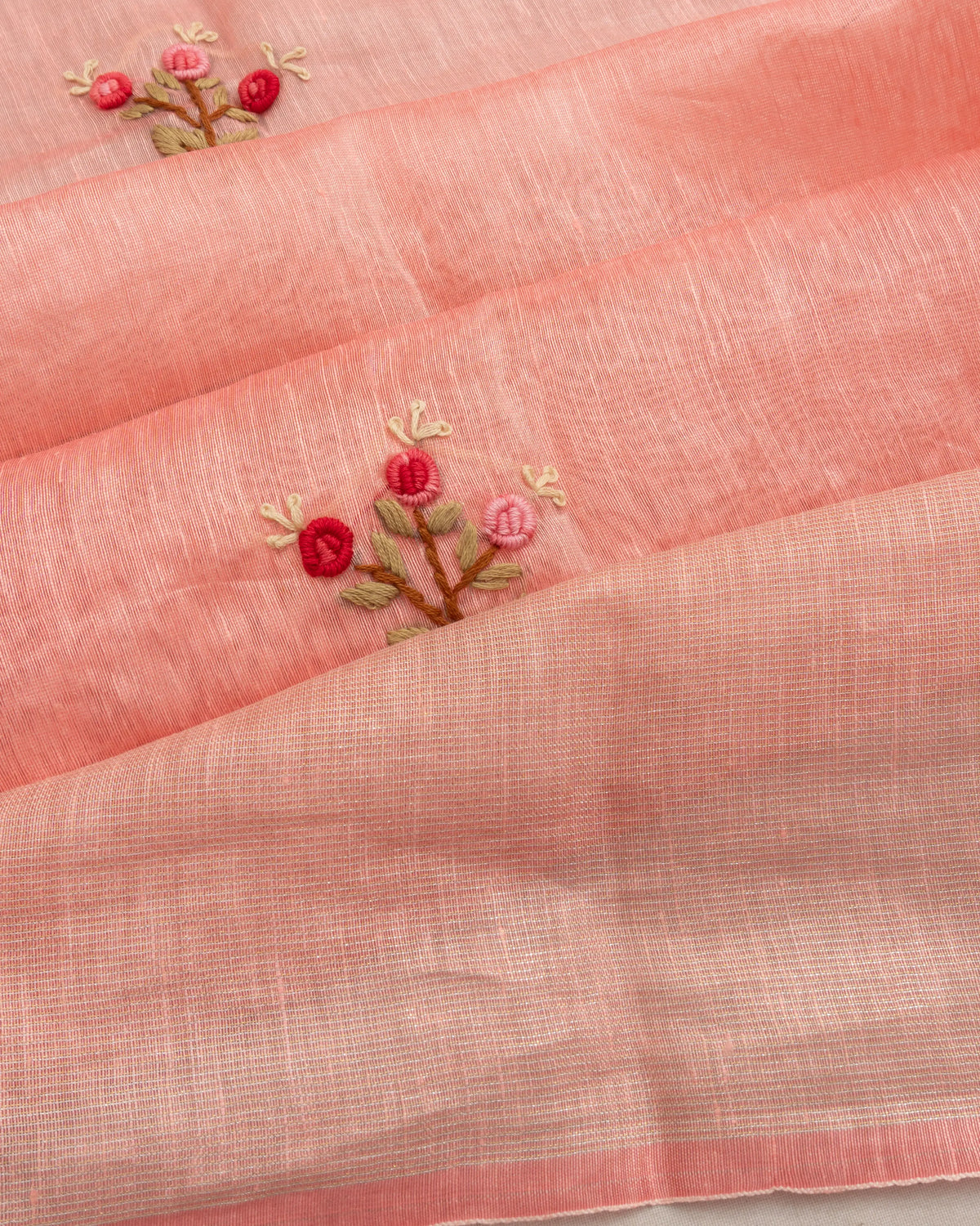 Linen Embroidery Butta Peach Saree