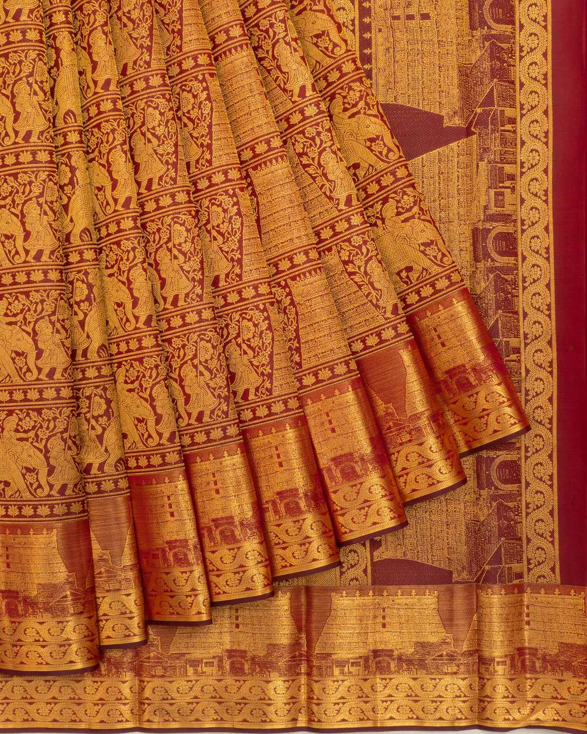 Kanchipuram Silk Brocade Maroon Saree With Gopuram Motifs