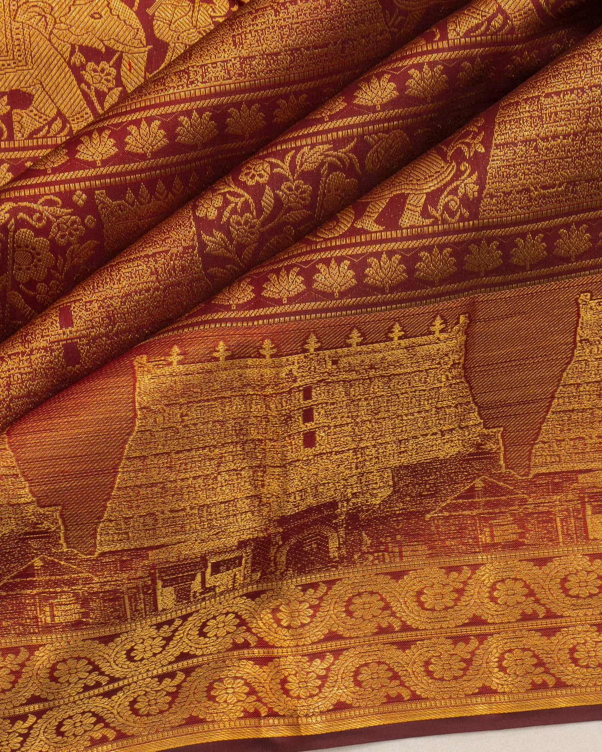 Kanchipuram Silk Brocade Maroon Saree With Gopuram Motifs