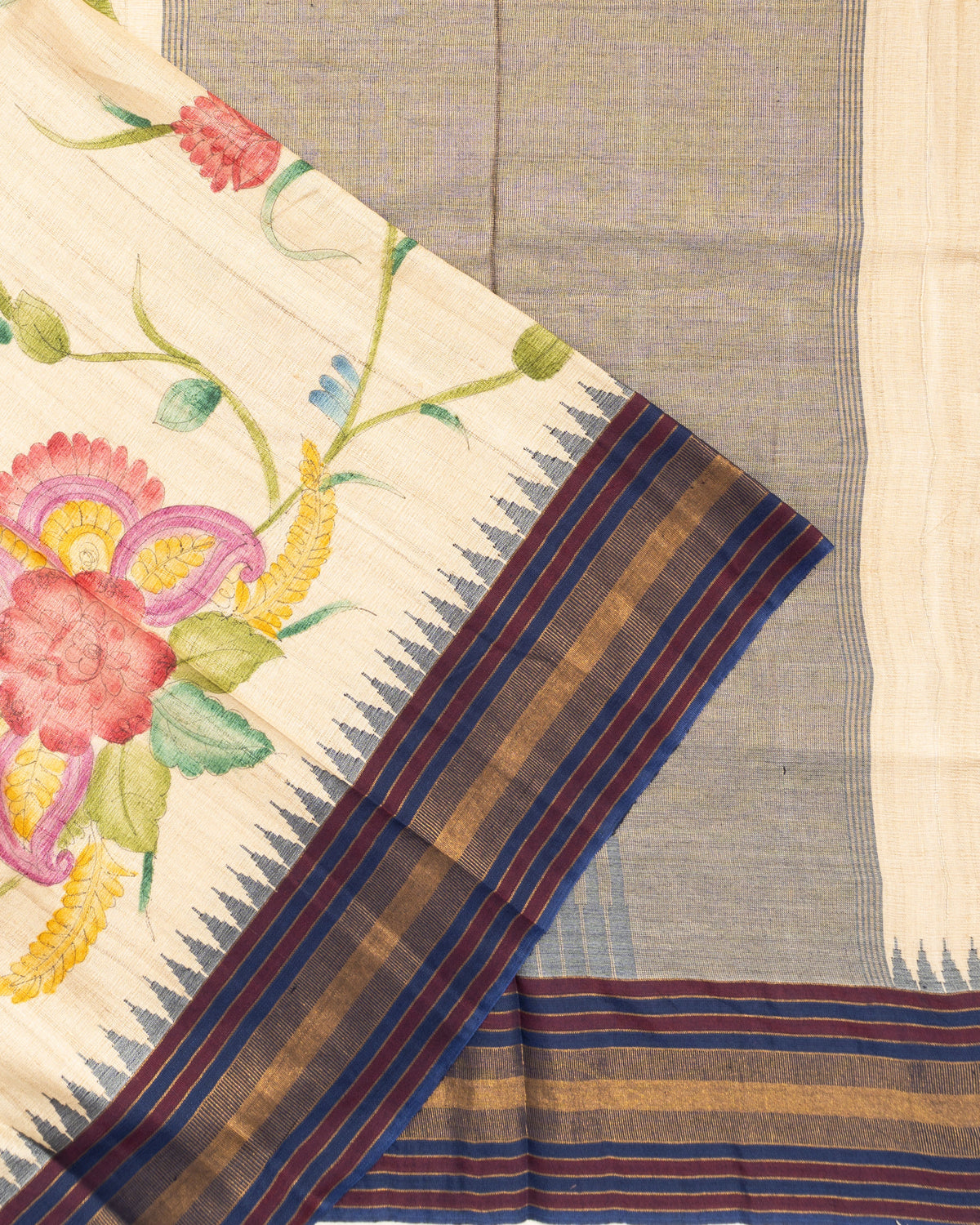Tussar Floral Printed Cream Saree