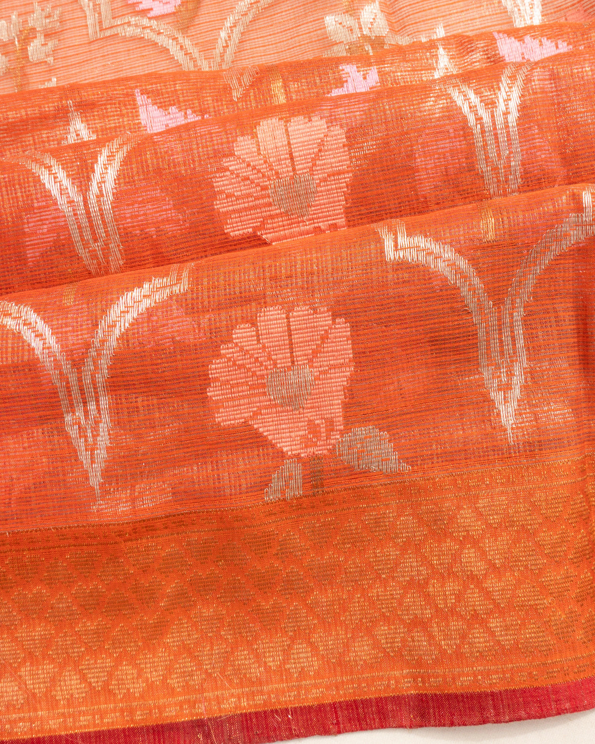 Zari Kota Silk Tissue Jaal And Jamdani Butta Orange Saree