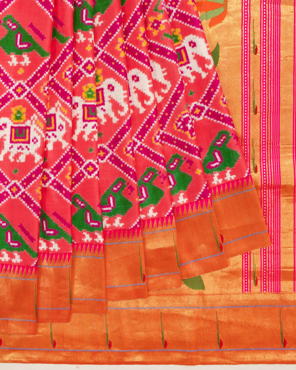Paithani X Patan Patalo Silk Double Ikat 6 Figure Pink Saree WIth Single Muniya Border