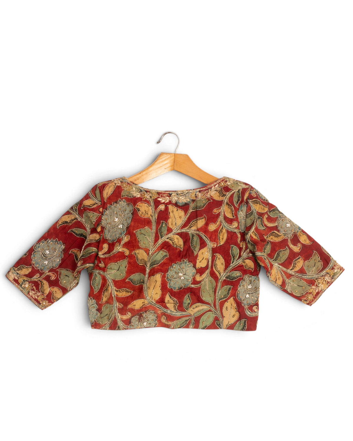 Kalamkari Silk Handpainted Readymade Jaal Padded Red Blouse With Zardosi Work