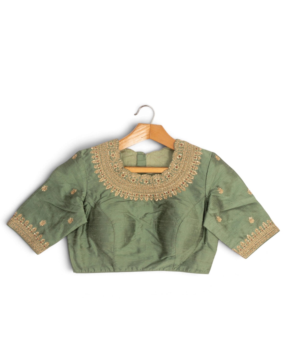 Raw Silk Readymade Padded Olive Green Blouse With Zardosi Work