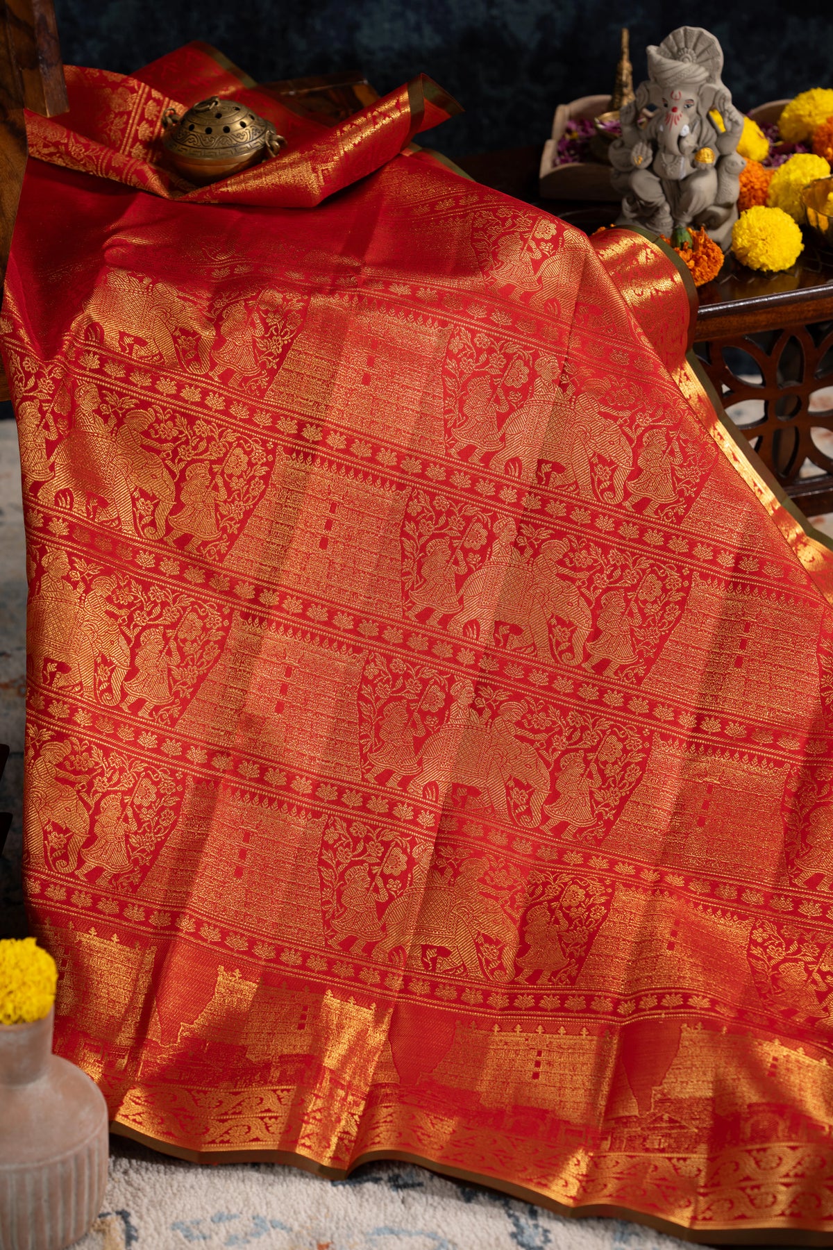 Kanchipuram Silk Brocade Red Saree With Gopuram Motifs