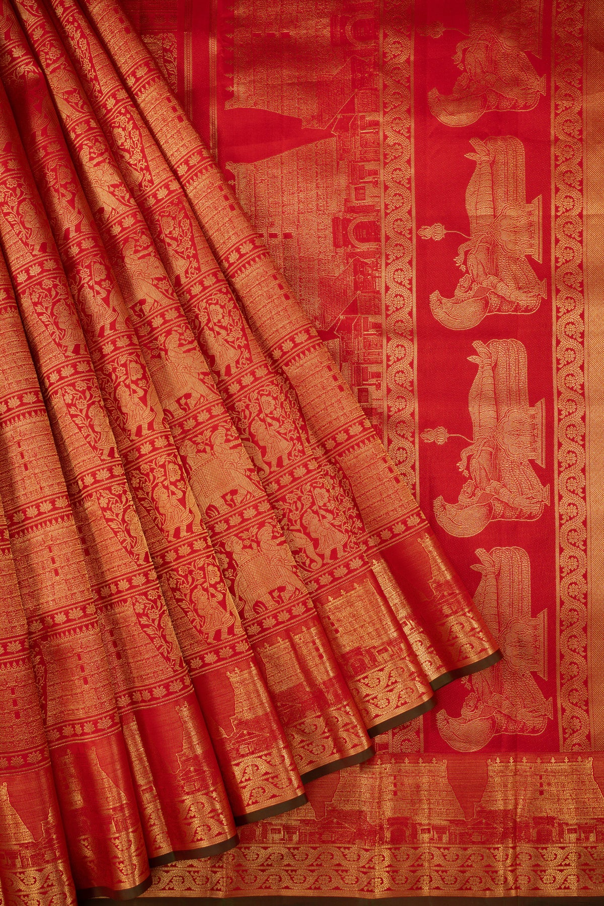 Kanchipuram Silk Brocade Red Saree With Gopuram Motifs