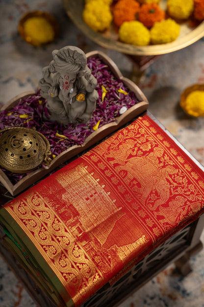 Kanchipuram Silk Brocade Red Saree With Gopuram Motifs