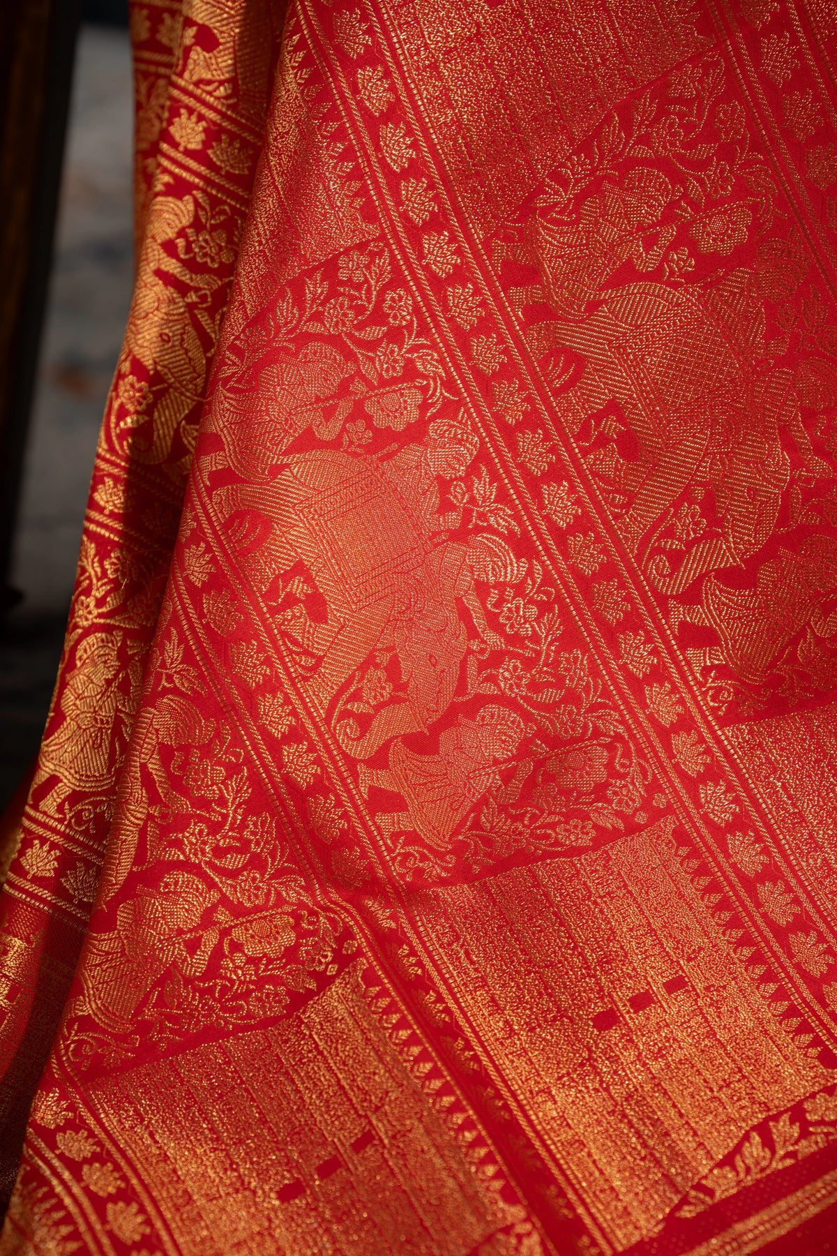 Kanchipuram Silk Brocade Red Saree With Gopuram Motifs