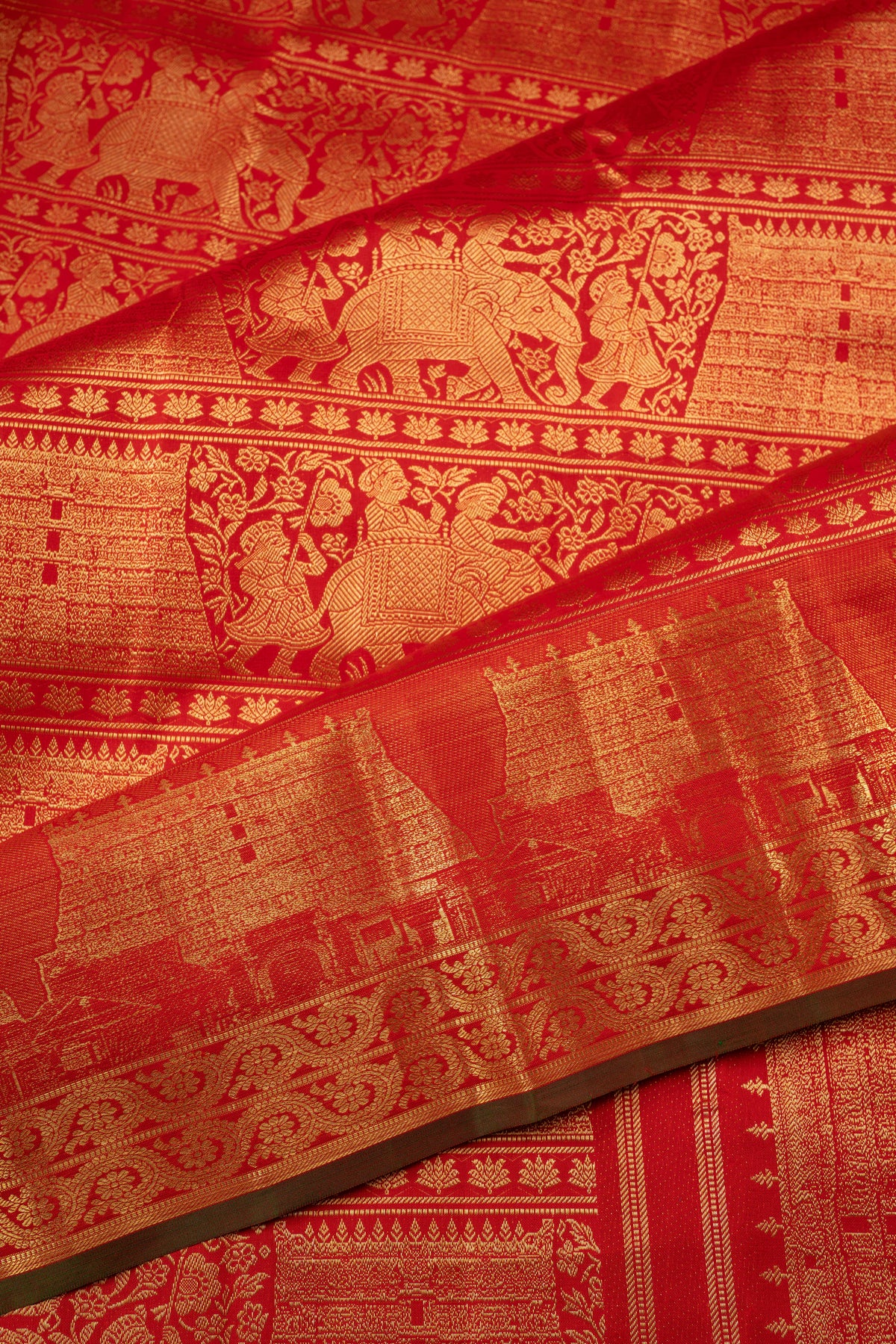 Kanchipuram Silk Brocade Red Saree With Gopuram Motifs