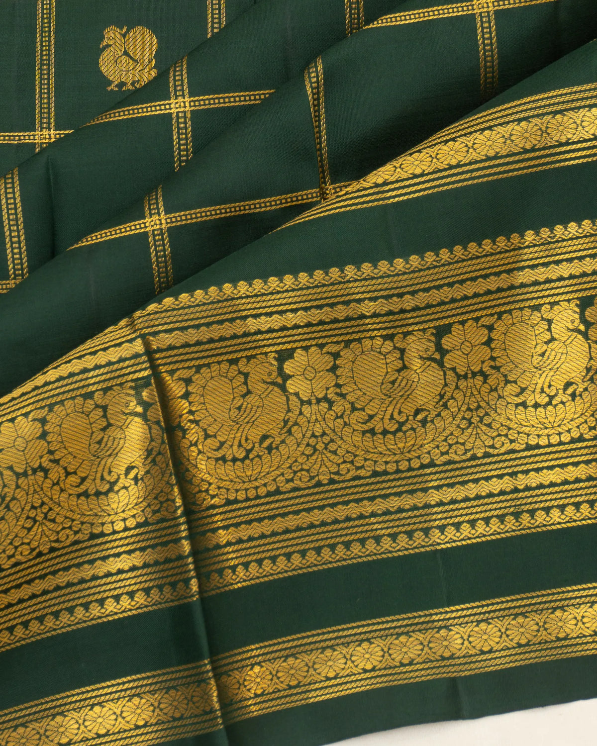 Classic Kanchipuram Silk Checks And Butta Dark Green Saree
