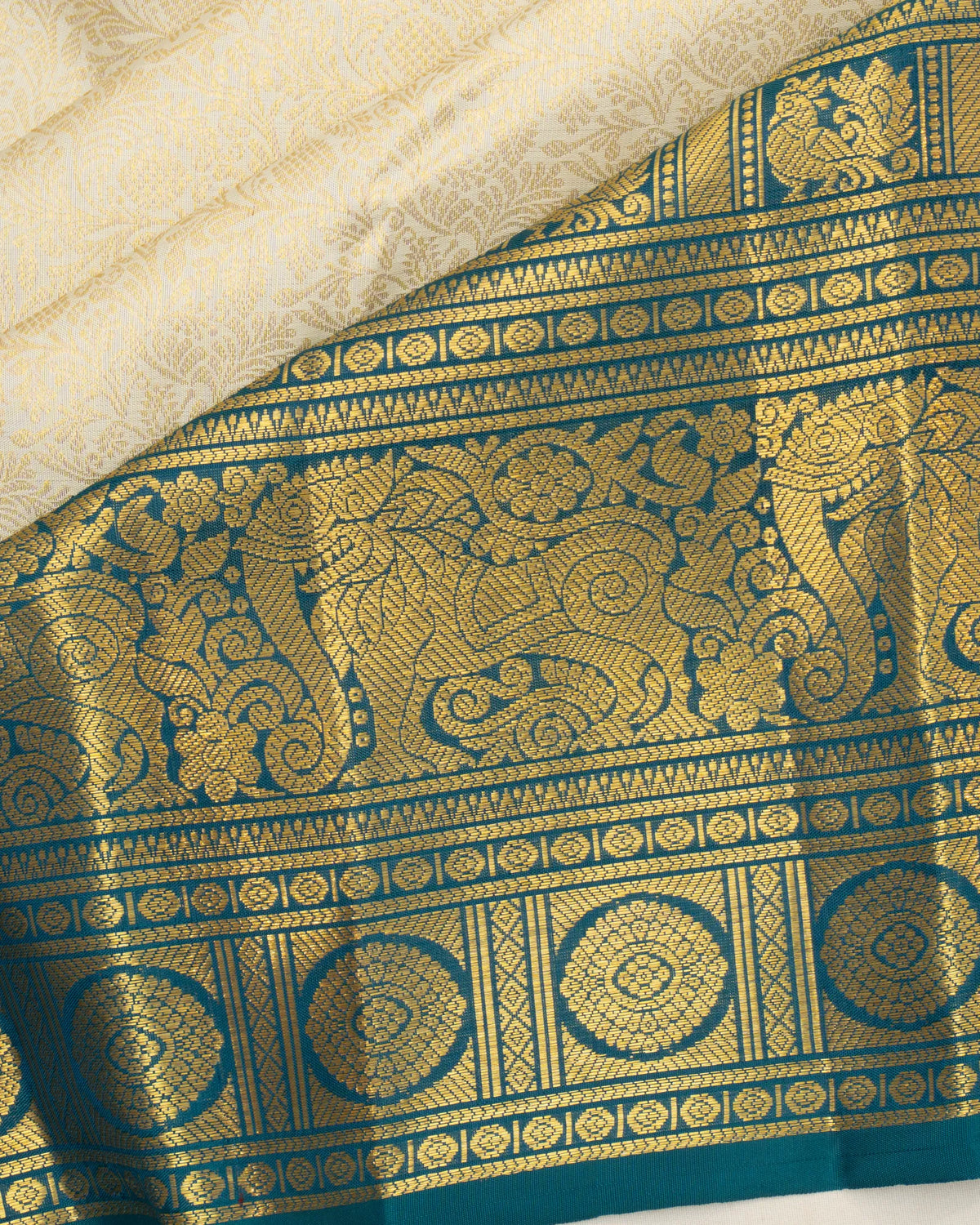 Kanchipuram Silk Jaal Off White Saree