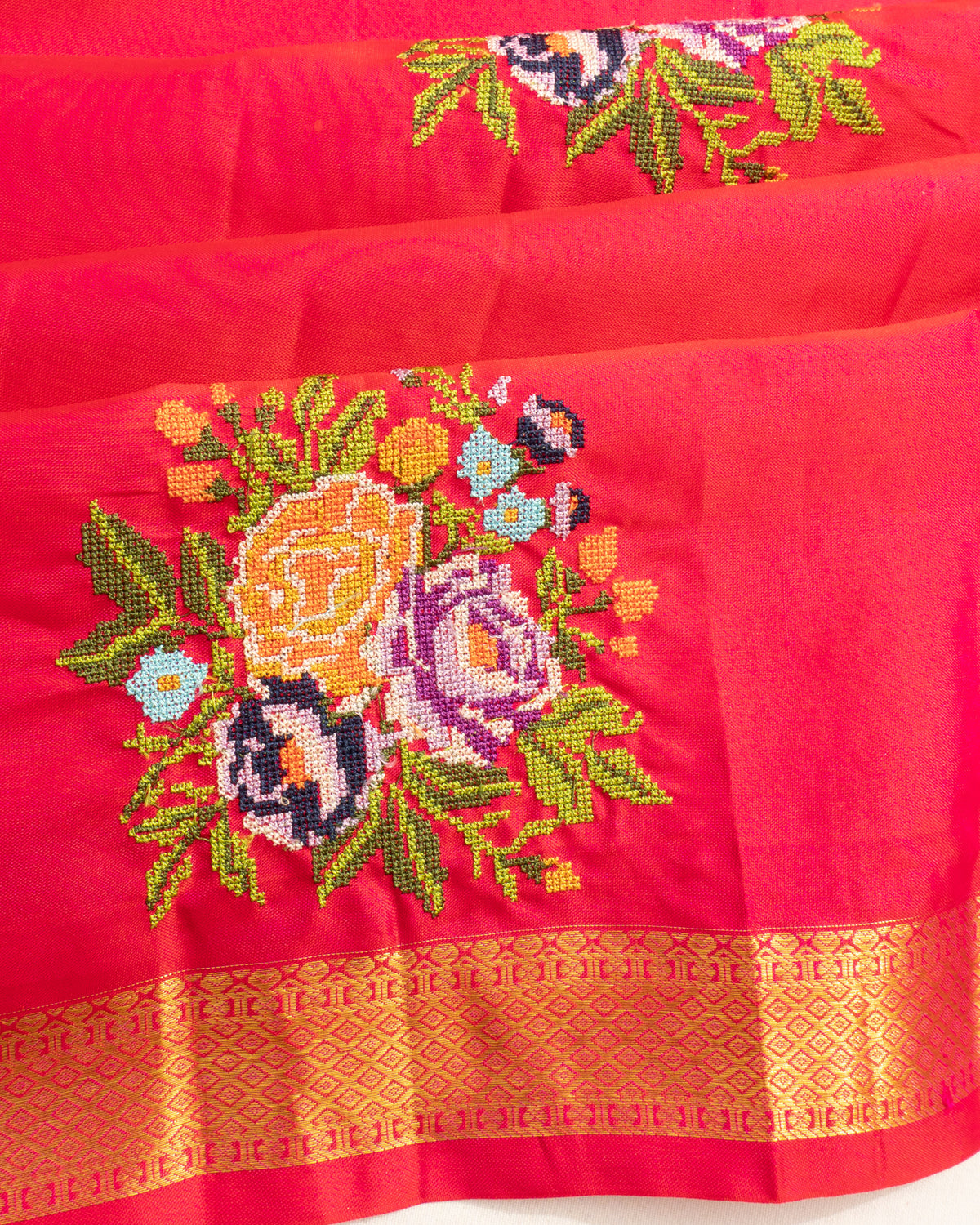 Soft Silk Floral Embroidery Butta Red Saree