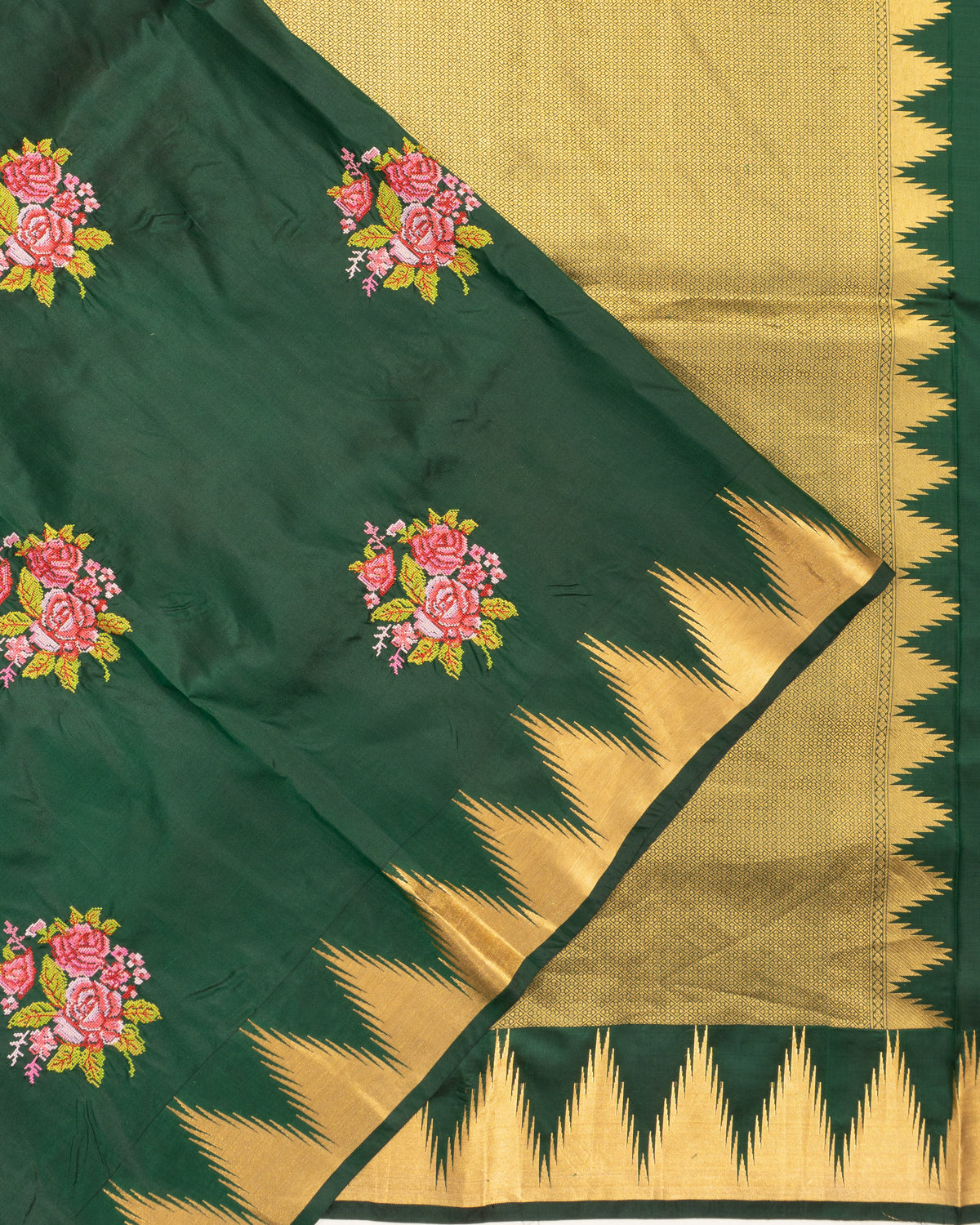 Soft Silk Floral Embroidery Butta Dark Green Saree