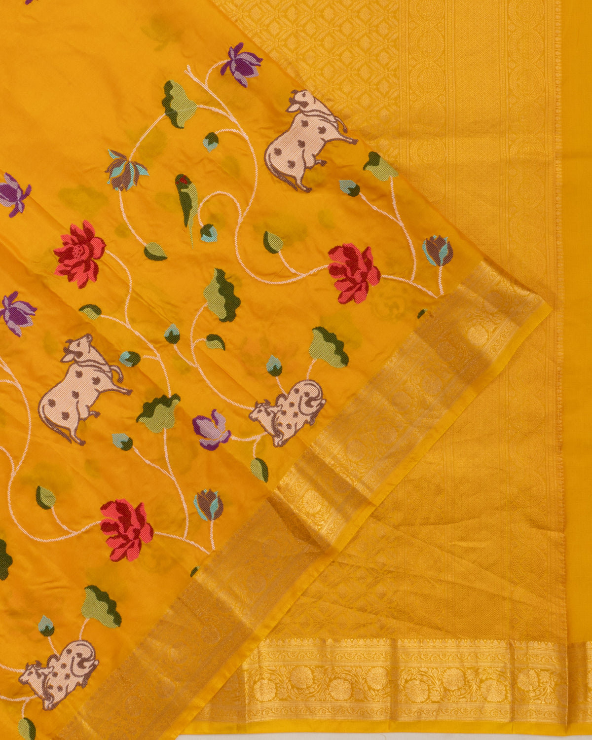 Soft Silk Floral Embroidery Butta Yellow Saree With Pichwai Motif
