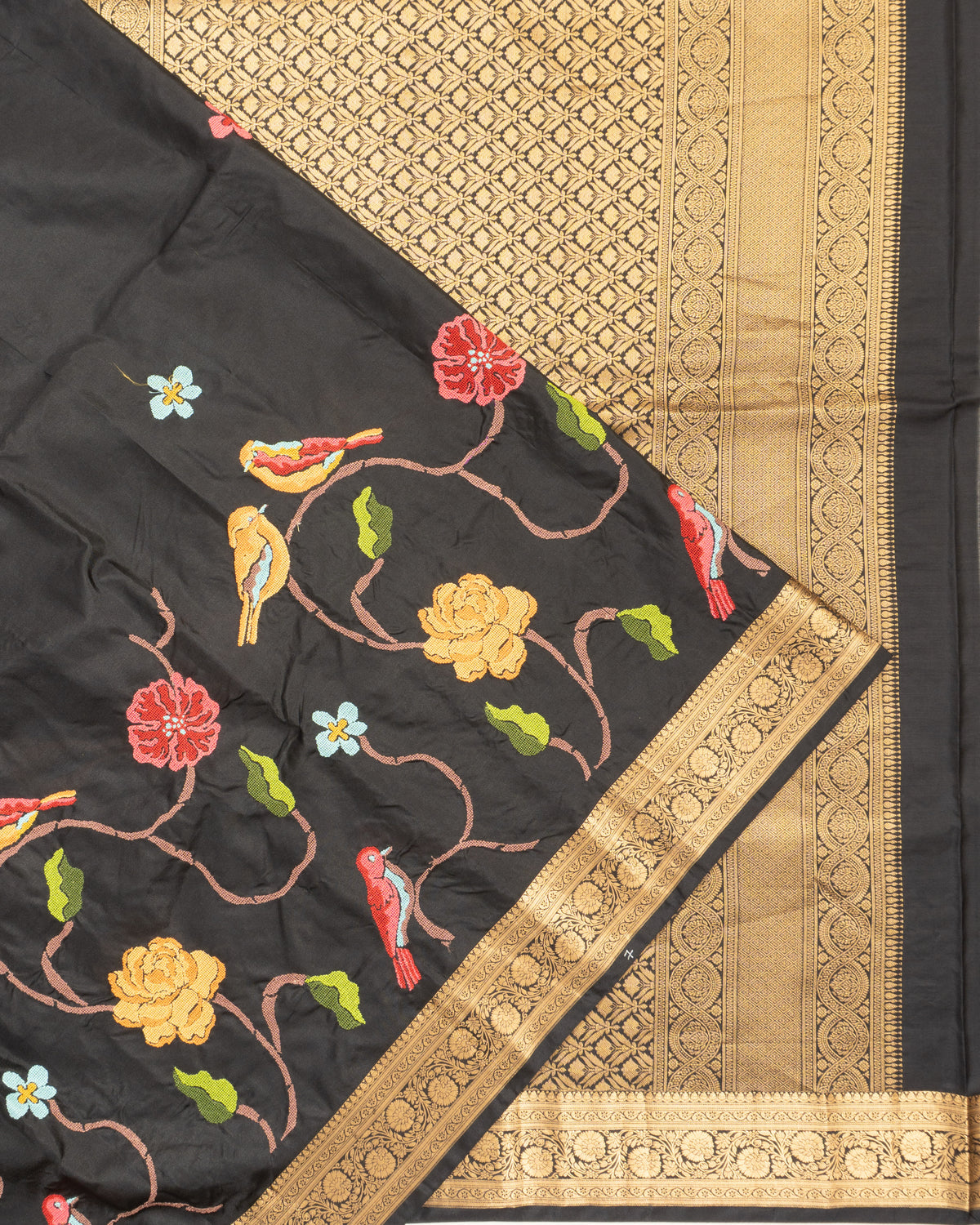 Soft Silk Floral Embroidery Butta Black Saree