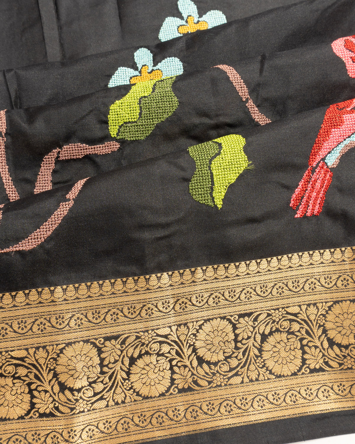 Soft Silk Floral Embroidery Butta Black Saree