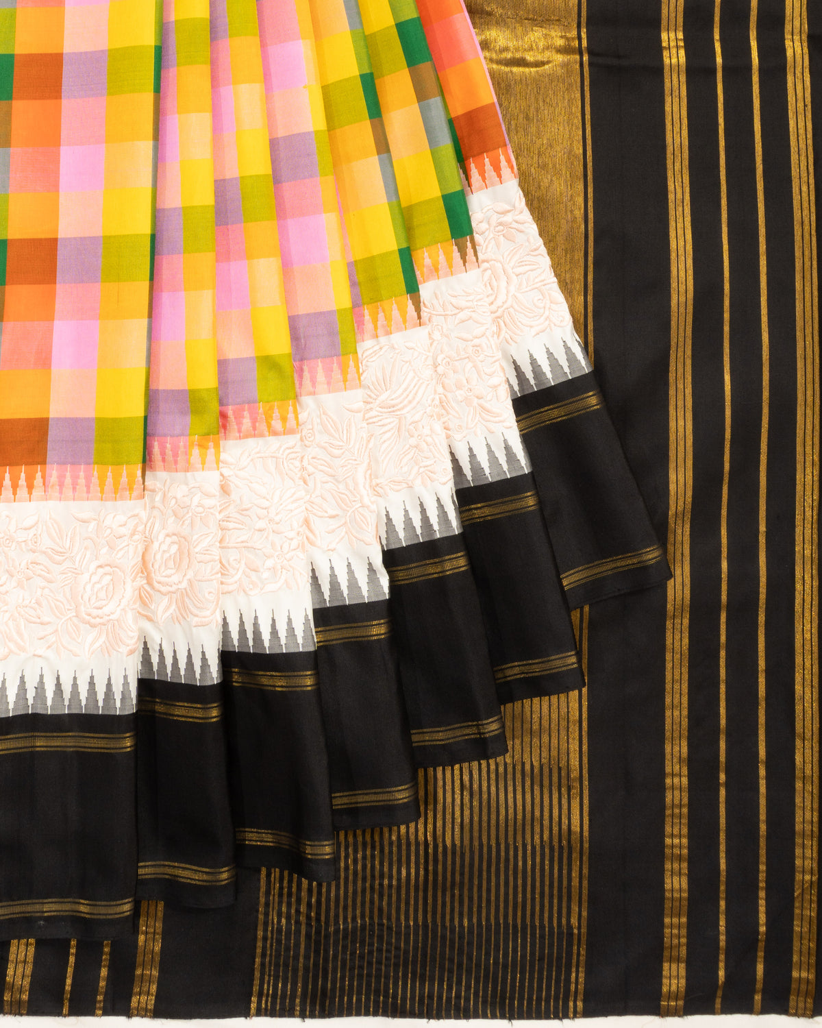 Kanchipuram Silk Madras Checks Multicolour Saree With Embroidery And Rettai Pettu Border